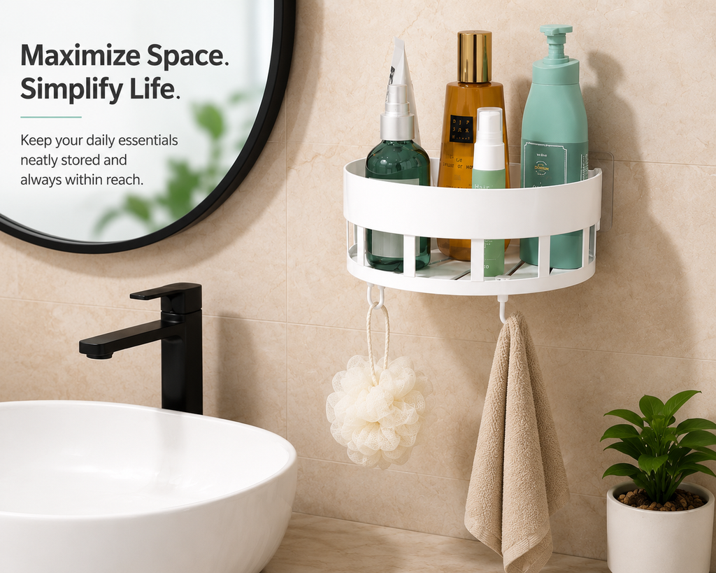 Diamond Shape Plastic Bathroom Corner Shelf Organizer Stand Wall Mounted Bathroom Accessories with Hooks Plastic Wall Shelf (White) (Round Corner Shelf, Pack of 1)