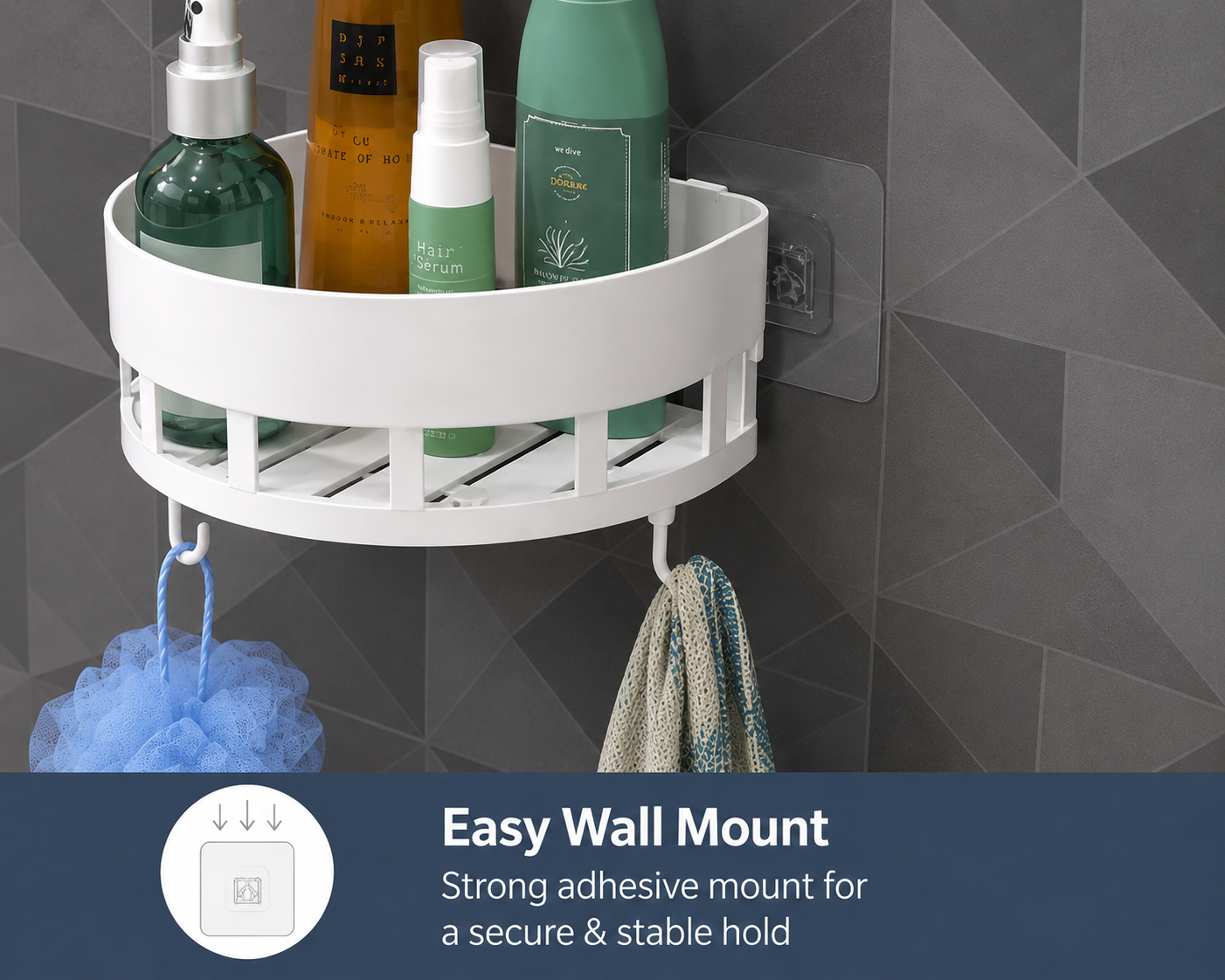 Diamond Shape Plastic Bathroom Corner Shelf Organizer Stand Wall Mounted Bathroom Accessories with Hooks Plastic Wall Shelf (White) (Round Corner Shelf, Pack of 1)