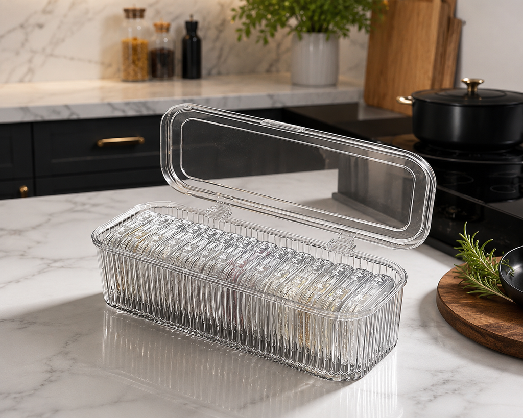 Premium Clear Organizer Storage Box with Removable Compartments Multi-Purpose Kitchen & Pantry Organizer