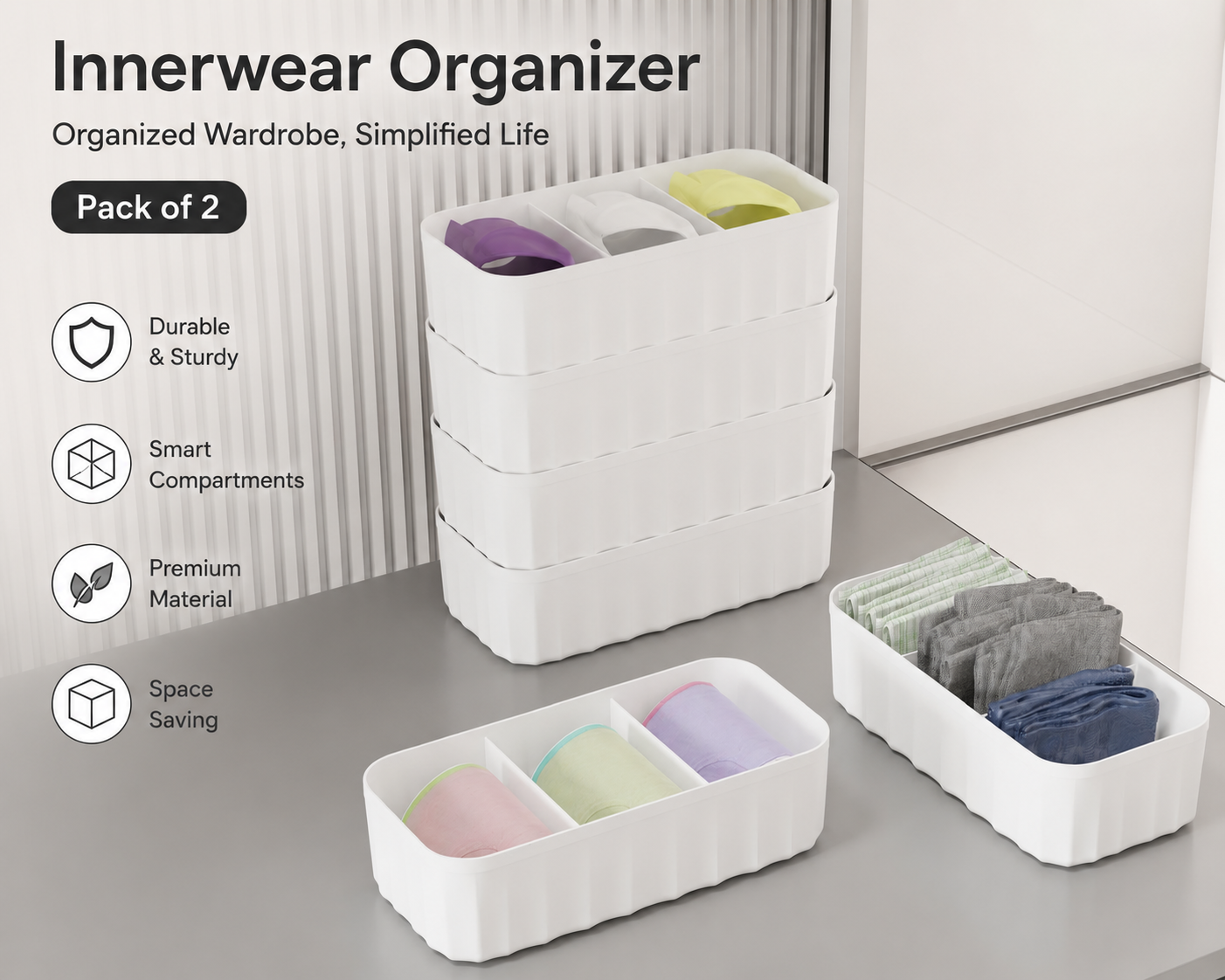 Innerwear Organizer For Wardrobe Organizer For Clothes Storage Box (Pack of 2)