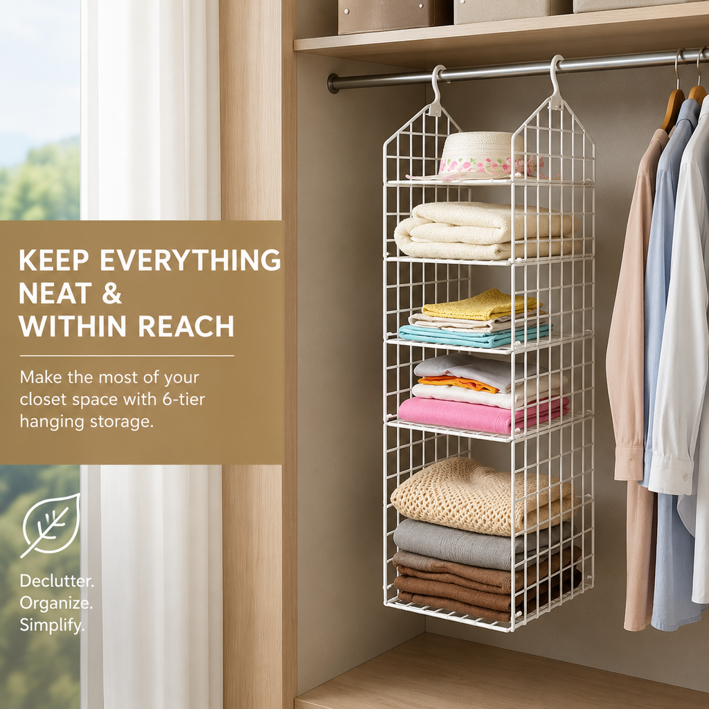 6-Tier Hanging Closet Organizer – Space Saving Wardrobe Storage Shelf