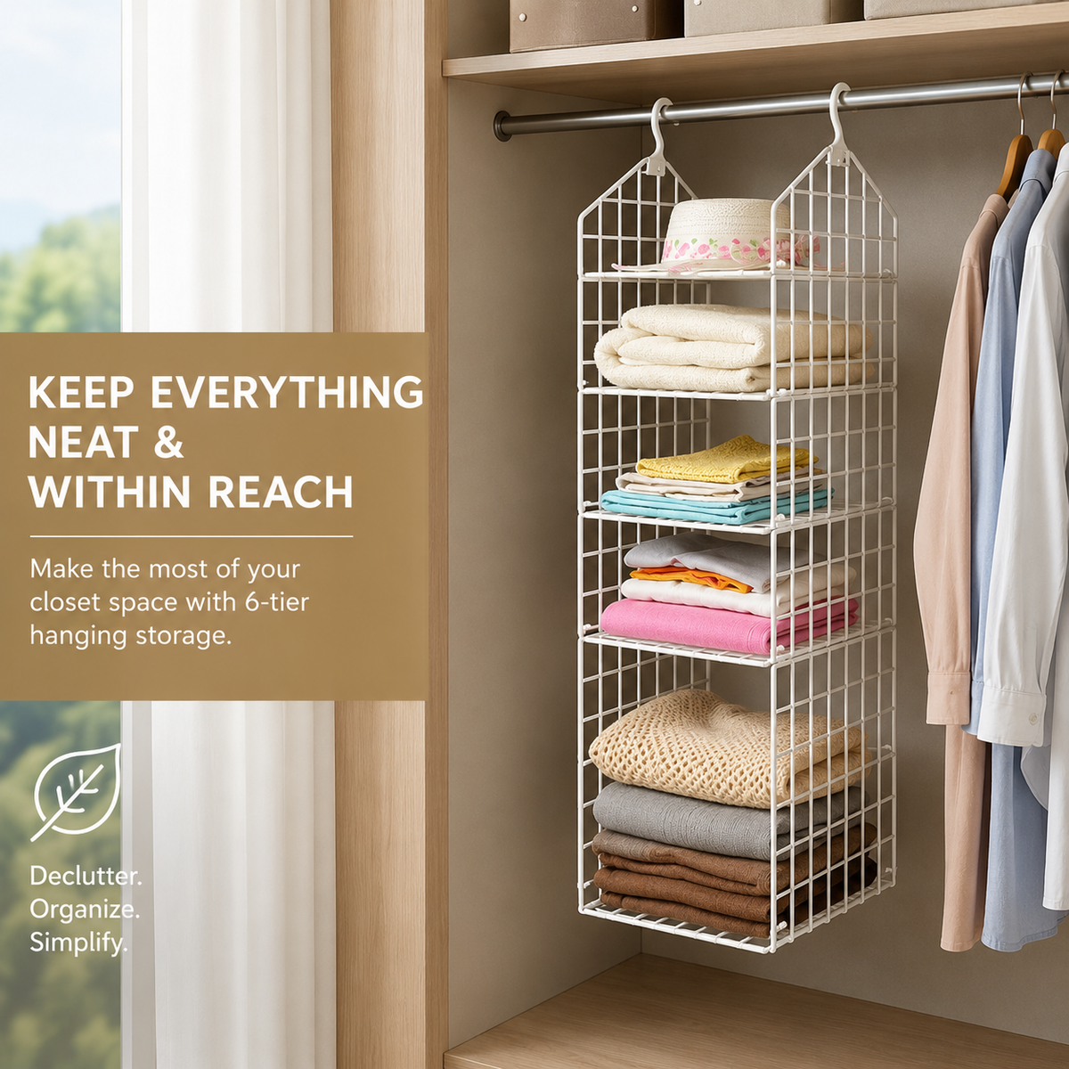 6-Tier Hanging Closet Organizer – Space Saving Wardrobe Storage Shelf