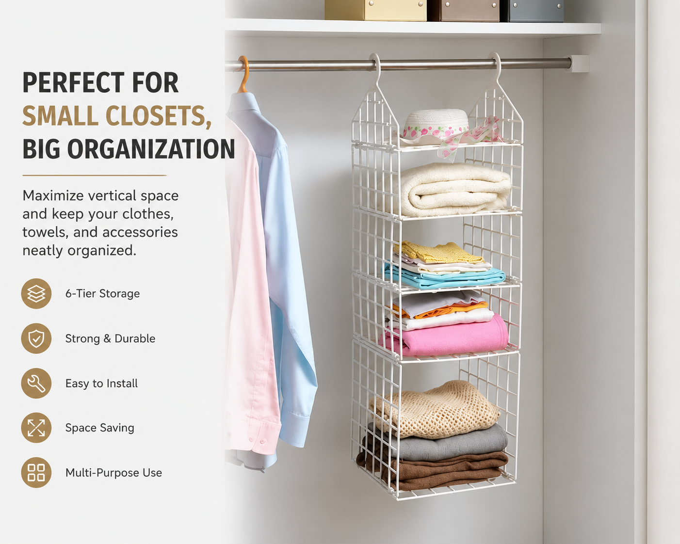 6-Tier Hanging Closet Organizer – Space Saving Wardrobe Storage Shelf