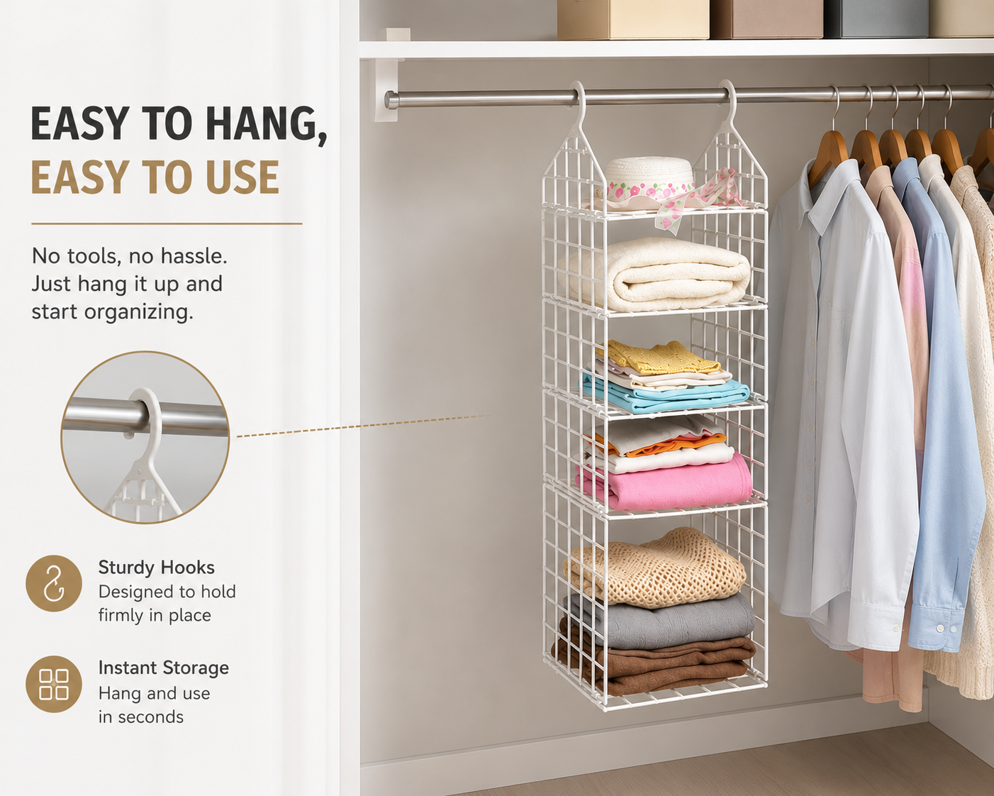 6-Tier Hanging Closet Organizer – Space Saving Wardrobe Storage Shelf