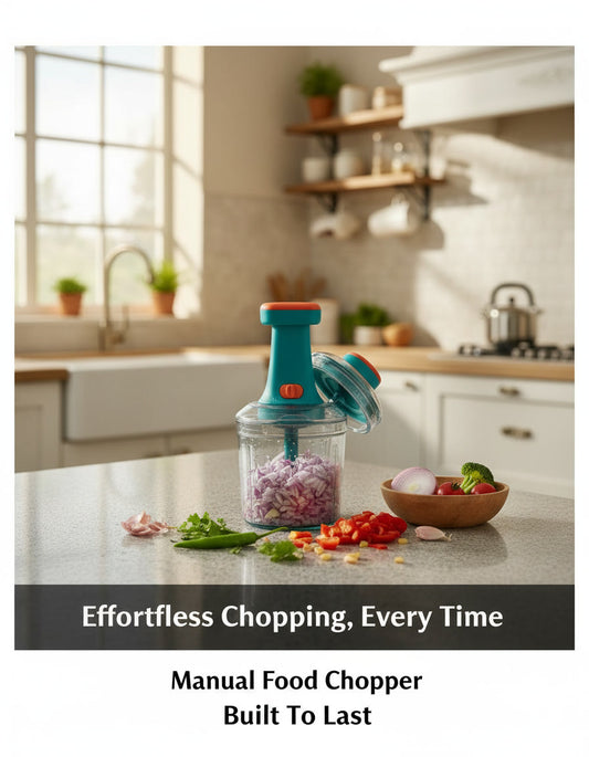 Manual food chopper on a kitchen counter with chopped vegetables and text about effortless chopping.